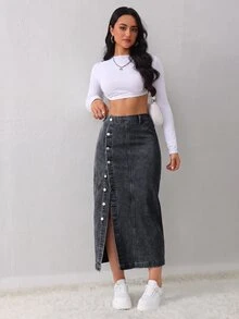 SHEIN Tall 女款高腰單排扣休閒牛仔裙職場穿搭 - 黑色 - 查看 4