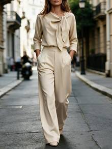 Balvessa Women's 2026 Elegant Knotted Long Sleeve Shirt And Pants Two Pieces Set - Apricot - View 5