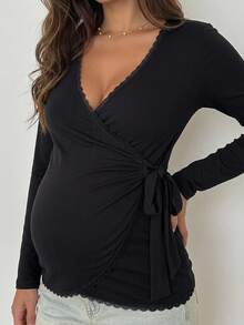 Dazy Maternity Contrast Lace Trim Fitted Asymmetric Tie-Up Long Sleeve Elastic Casual Daily Korean Style Versatile Spring Autumn Maternity T-Shirt - Black - View 4
