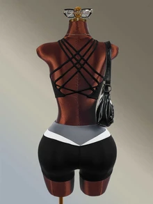 Amplova Women's Black White Gray Colorblock Sports Tank Top And Fitted Shorts Set - Black and White - View 2