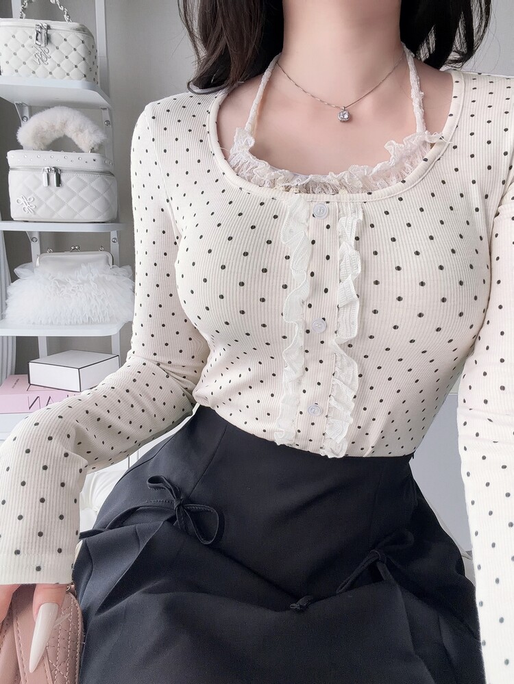 FRIFUL 女款波點印花荷葉邊單排扣掛脖T恤 秋季 - 白色 - 查看 2