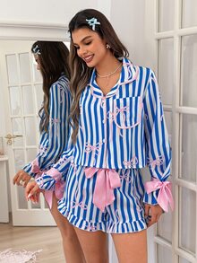 SweetSlumber Sweet Cute INS Striped Bow Contrast Color Open Front Long Sleeve Shorts Women's Pajama Set - Multicolor - View 6