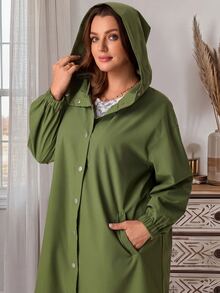 EMERY ROSE Plus Size Solid Hooded Button Front Long Sleeve Trench Coat With Pockets Fall Winter 2026 - Army Green - View 8