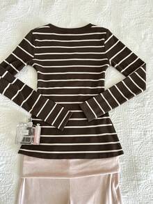 IslaSuriya Women's V-Neck Striped Fitted Long Sleeve Top - Coffee Brown - View 2