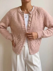Omancia Elegant Round Neck Long Sleeve Single-Breasted Cardigan For Women - Dusty Pink - View 2