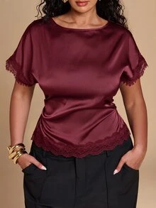 SHEIN BAE CURVE 大尺碼女款純色對比蕾絲短版抓皺綁帶襯衫 - 紫紅色 - 查看 1