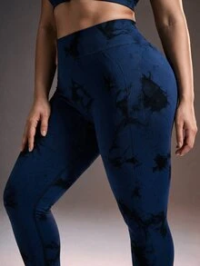 Powerista Women's Plus Size Navy Blue Seamless Tie Dye High Waist Leggings For Women Performance Active Wear With Ribbed Details Suitable For Gym - Navy Blue - View 5