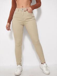 SHEIN Essnce Women's Fashion Versatile Button Pocket Denim Jeans - Mocha Brown - View 1