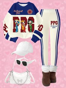 THE POWERPUFF GIRLS X SHEIN Tween Girl Cartoon Pattern Long Sleeve Sweatshirt And Sweatpants Set - White - View 3