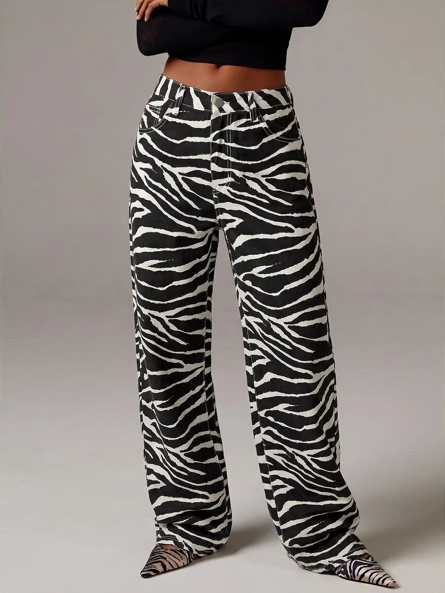 Athîral Denim Celana Jeans Wanita Motif Zebra Potongan Lurus - Hitam - View 1