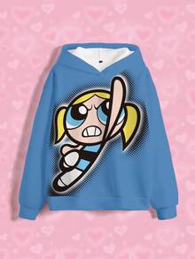THE POWERPUFF GIRLS X SHEIN Bubbles 可愛角色印花藍色女款連帽抓絨運動衫 - 白色 - 查看 3