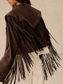 Easelle Chaqueta estructurada holgada para mujer con remaches y flecos, estilo bohemio nómada vintage - Marrón - Ver 2