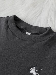 青少年男孩秋/冬新款睡衣 2 件套，胸前小刺繡，高彈力抓絨圓領上衣與長褲，修身居家服 - 深灰色 - 查看 5
