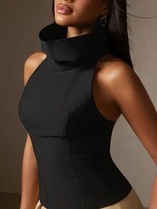 Hauture Atasan Wanita Seksi Kasual untuk Kantor, Warna Polos, Kerah Tinggi Model Turtleneck, Bahan Tenun Elastis, Tanpa Punggung - Hitam - View 3