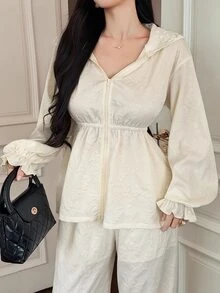 Livesso Women's Solid Color Zip-Up Hooded Jacket And Wide Leg Pants Casual 2 Pieces Set Fall - White - View 1
