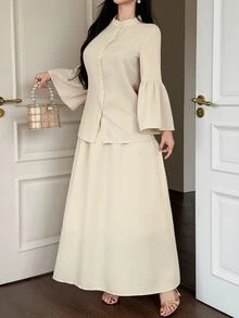 DAZY Women's Elegant Commute Solid Color Bell Sleeve Blouse & Skirt 2 Pieces Set - White - View 2