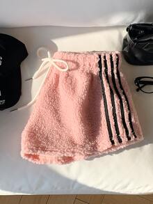 Comfortcana Women's Winter Comfortable Plush Striped Drawstring Waist Shorts - Pink - View 1