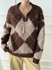 DAZY Sweater Kasual Pullover Kotak-kotak Wanita - Coklat - View 4