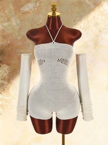 Amplova Women's Detachable Sleeve Fitted Jumpsuit With Open Back And Lace-Up Detail, Edgy Sexy Style, Suitable For Autumn/Winter Wear, Distressed - Grey - View 4