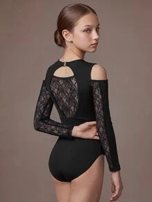 SHEIN Tween Girls Clothes Classic Black Ballet Leotard, Exquisite Lace, Cute Athletic, School Dance, Back To School Fall - Black - View 3