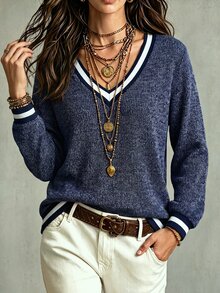 Balvessa Women's Striped Trim V Neck Sweatshirt, Ribbed Knit Long Sleeve Loose Casual Pullover Top - Navy Blue - View 1