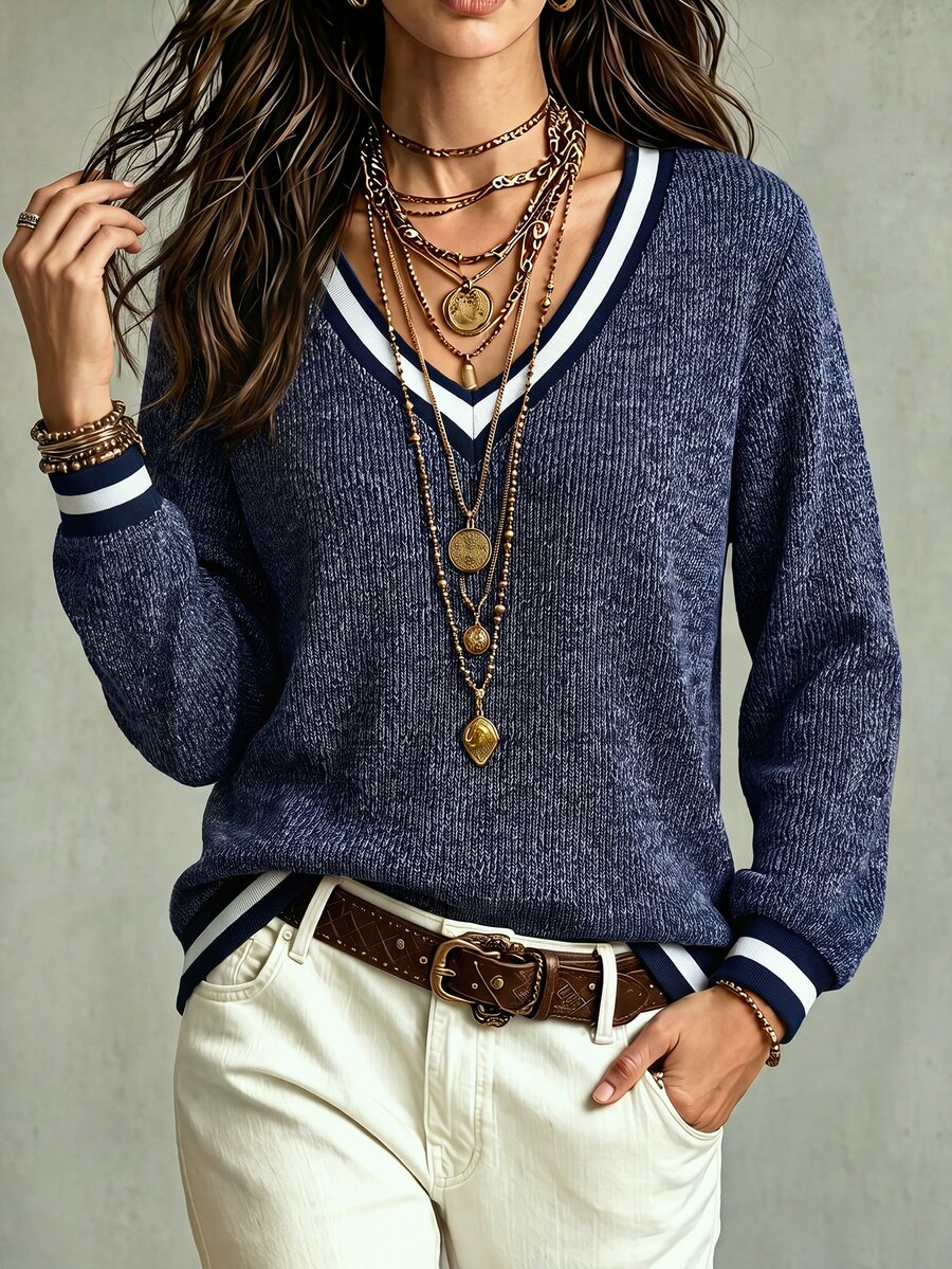 Balvessa Women's Striped Trim V Neck Sweatshirt, Ribbed Knit Long Sleeve Loose Casual Pullover Top - Navy Blue - View 1