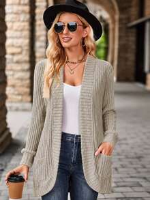 EMERY ROSE Women's Casual Ribbed Brushed Open Front Side Pocket Short Jacket - Khaki - View 4