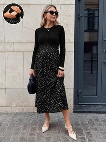 SHEIN Maternity Patchwork Polka Dot Pattern Round Neck Long Sleeve Nursing Dress - Black - View 2