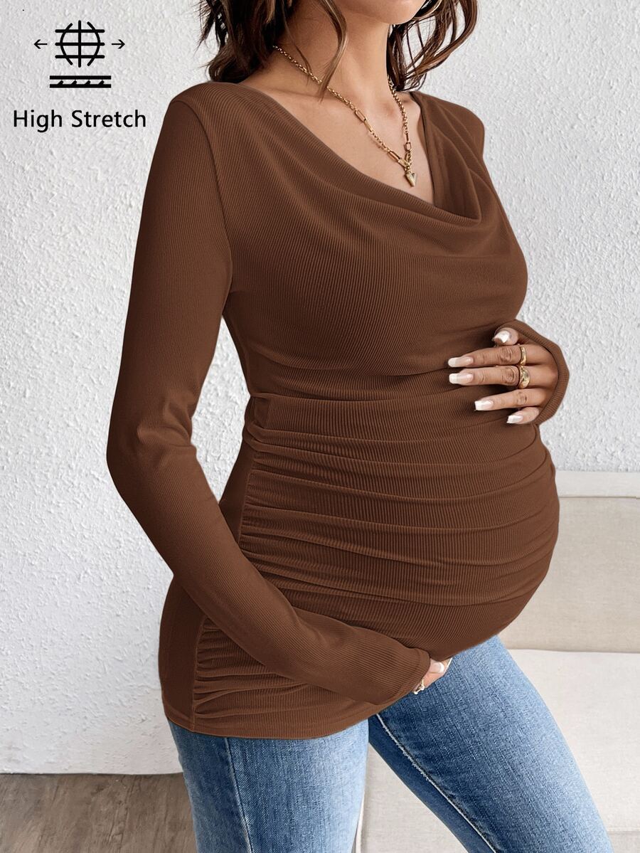 SHEIN Maternity Solid Color Ruched Casual Versatile Daily Long Sleeve T-Shirt - Coffee Brown - View 1