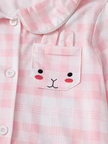 Baby Girl Pink Plaid Lapel Long Sleeve Loungewear Set, Cute Cartoon Expression Rabbit Print Long Sleeve Top And Pants 2-Piece Set - Pink - View 4