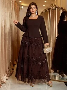 Reflora Plus Size Elegant Party Sequin Patchwork Dress - Brown - View 8