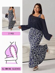 Solflare Casual Women Plus Size Floral Print Dress With Asymmetric Neck Top Set - Navy Blue - View 1