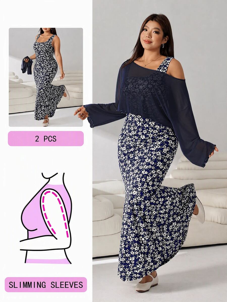 Solflare Casual Women Plus Size Floral Print Dress With Asymmetric Neck Top Set - Navy Blue - View 1