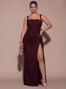 SHEIN BAE CURVE Plus Size Women Elegant Pleated Front Slit Dress For Date - Maroon - View 1