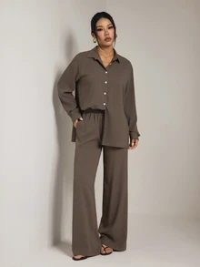 SHEIN PETITE Women's Casual Commute Solid Color Shirt And Pants Set - Brown - View 4