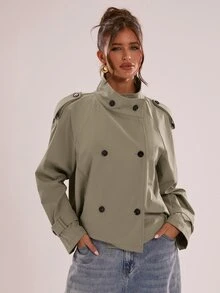 SHEIN BAE Veste femme couleur unie col montant décontractée polyvalente pour usage quotidien et voyage manches longues - Kaki - Voir 3