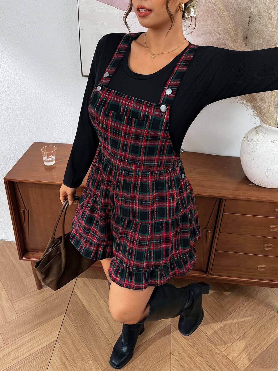 Lounesse Women's Plus Size Minimalist Long Sleeve Top And Plaid Romper Set - Multicolor - View 1