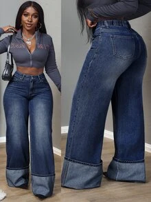 SHEIN PETITE CURVE Plus Size Women's High Waist Pocket Wide Leg Loose Casual Denim Jeans - Blue - View 1