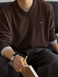 DAZY Autumn/Winter Brown Marled Knit Men's Sweater With Metal Label Design, V-Neck, Ribbed Cuffs And Hem - Rust Brown - View 3
