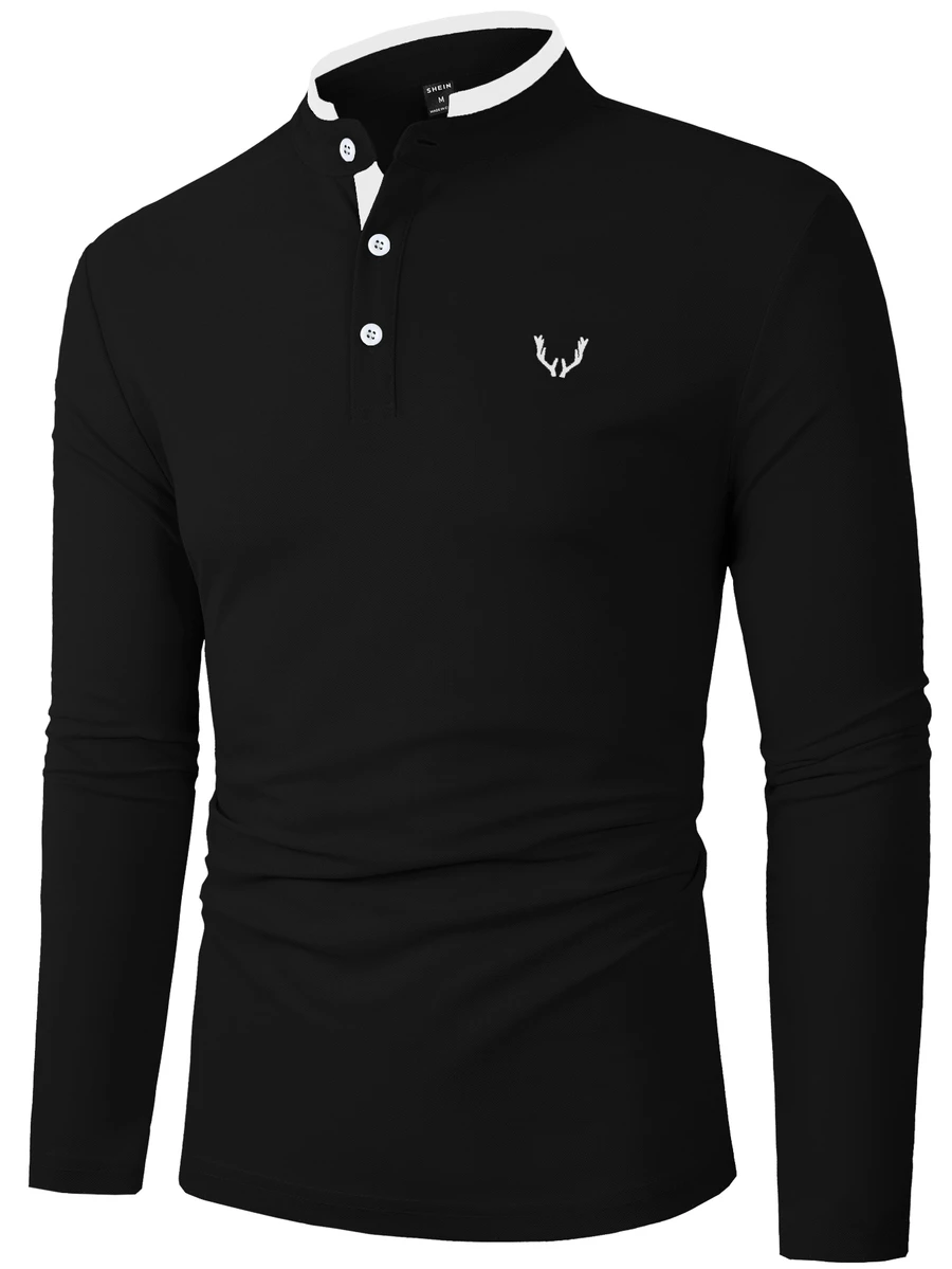 Calvornis 男士拼色休閒百搭日常穿著長袖 Polo 衫,海灘度假風,黑白配色,秋季老錢風,聖誕 - 黑色 - 查看 1