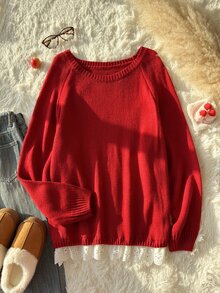Comfortcana Plus Size Women's Solid Color Crew Neck Raglan Long Sleeve Loose Sweater - Burgundy - View 1