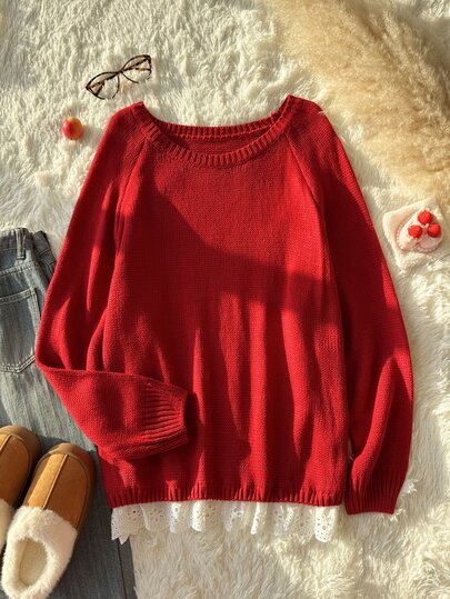 Comfortcana Plus Size Women's Solid Color Crew Neck Raglan Long Sleeve Loose Sweater