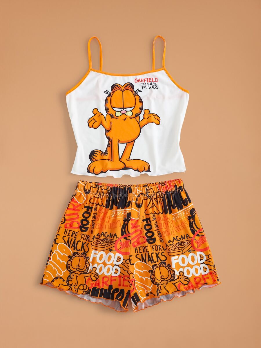 GARFIELD | SHEIN 女款字母卡通印花細肩帶上衣與短褲休閒日常睡衣套裝 - 橘色 - 查看 1