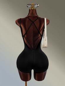 Amplova Women's Double Strap Thin Strap Backless One-Piece Tight Shorts - Black - View 2