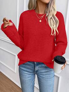 SHEIN 女款時尚紅色圓領捲袖羊毛混紡套頭毛衣，適合秋冬休閒購物、假日派對、約會 - 紅色 - 查看 4