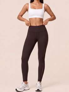 SHEIN BAE Women Dark Brown Stripe Pocket Mesh High Waist Leggings Tummy Control Gym Workout Training Running Yoga Athletic Pants - Coffee Brown - View 6