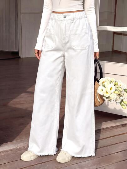 SHEIN Tween Girls Versatile All-Season White Wide Leg Long Pants, High Waist With Patch Pockets And Raw Hem Design, Casual Straight Leg Pants For Daily Wear, School And OOTD