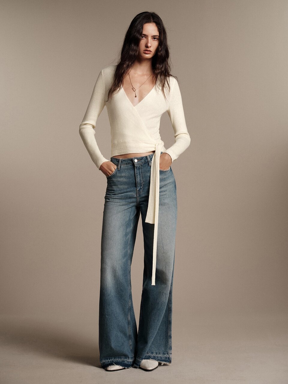 Anewsta Essential Women French Wrap Surplice V Neck Self Tie Waist Slim Rib Knit Blouse, Long Sleeve, Spring/Autumn Commute, Gentle And Slimming