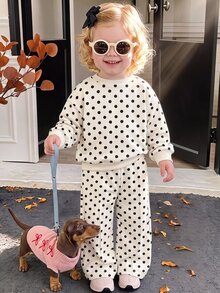 Baby Girl Vintage Cute Dopamine Black & White Contrast Polka Dot Soft Thick Long Sleeve Crew Neck Pullover Sweatshirt & Wide Leg Pants Set, Suitable For Autumn/Winter, Korean Style, Casual Comfortable, Fashion Kids Wear, Y2K, Vacation Comfort - Multicolor - View 7