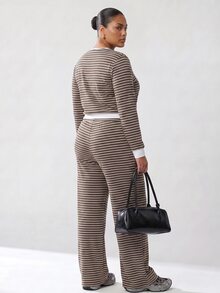 Solavibe Striped Two Piece Set, Plus Size Brown Crop Top & Flare Pants For Travel Hangout,Campus,Urban Stroll,Two Piece Set,Casual Sets,Back To School - Brown - View 9